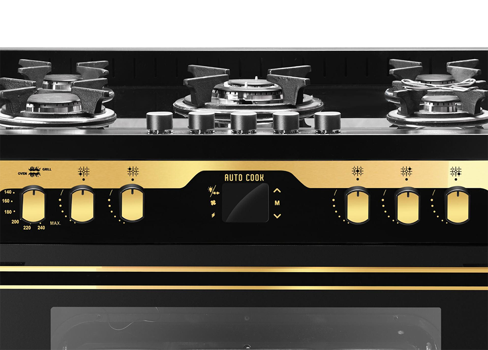 بوتاجاز  يونيون اير  اى شيف جولدن ايديشن ، 60*90 سم ، 5 شعلة ، حوامل زهر ، اوتو كوك ، شاشة ديجيتال ، مروحة فرن ، أسود * ذهبي ، C69GB-1GC-383-ICPS2F-PC-2W-AL