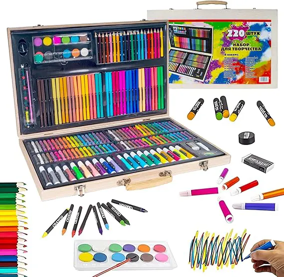 مجموعة أدوات رسم من مادن، 220 قطعة، شنطة خشبية