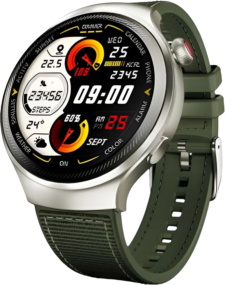 ساعة ايتل كلايمبر ون الذكية، شاشة لمس 1.43 بوصة، بلوتوث 5.3، مقاومة للماء، بطارية 300 مللي أمبير، ذهبي لامع بسوار أخضر، ISW-043