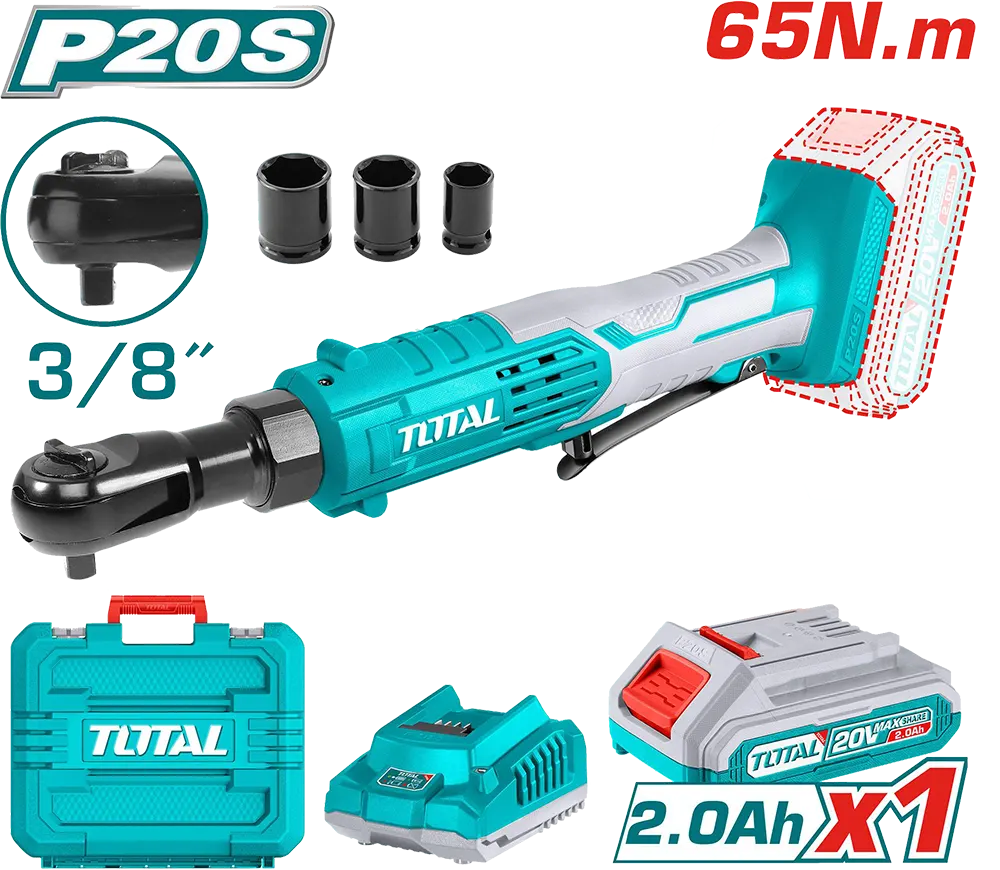 Total Tools System Hand drive ratchet, 20V, 65Nm, 3-8", with 1 2Ah Battery and Charger, TDRLI2060152