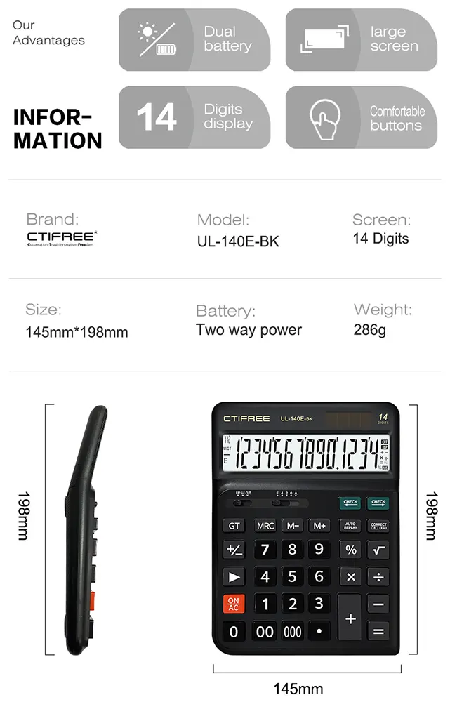 آلة حاسبة مكتبية سي تي أي فري، 14 رقم، خلية طاقة شمسية، أزرار مريحة، أسود، UL-140E-BK
