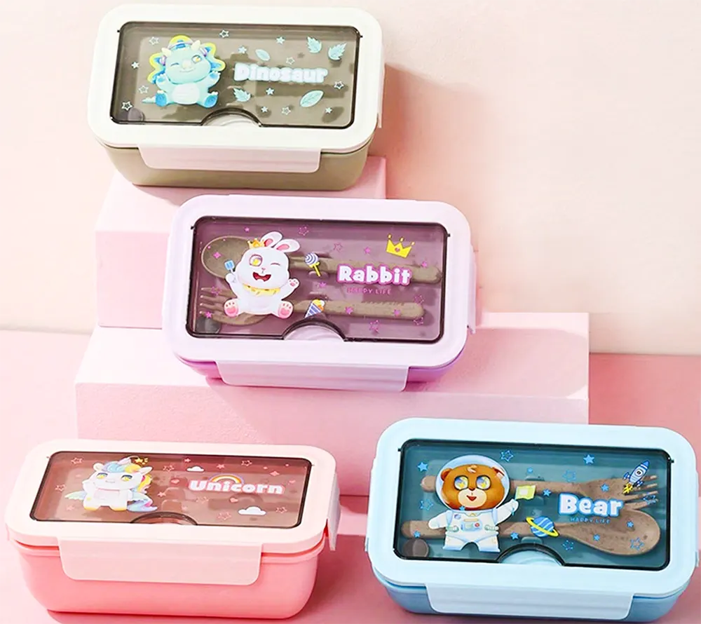 لانش بوكس بسعة 1100 ملي، مقسم، مع شوكة ومعلقة، بتصاميم كارتونية متنوعة، الوان متعددة، موديل  1479