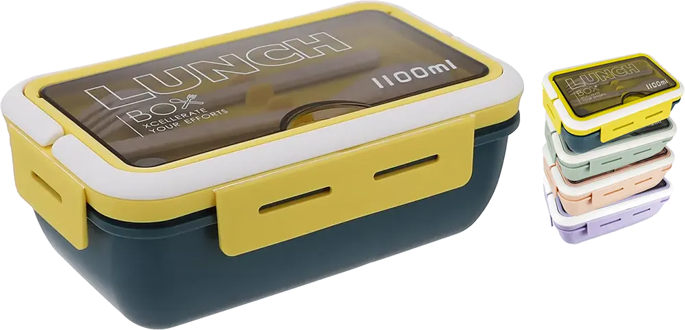 لانش بوكس بسعة 1100 ملي، مقسم، مع شوكة وملعقة، الوان متعددة، موديل 862