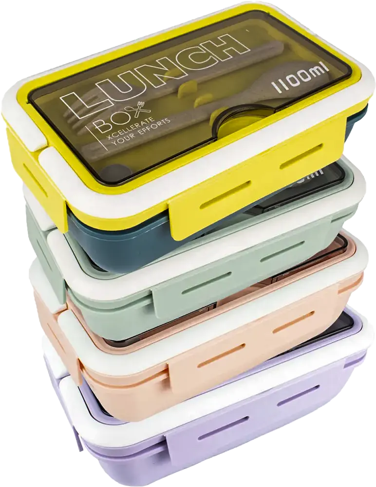 لانش بوكس بسعة 1100 ملي، مقسم، مع شوكة وملعقة، الوان متعددة، موديل 862