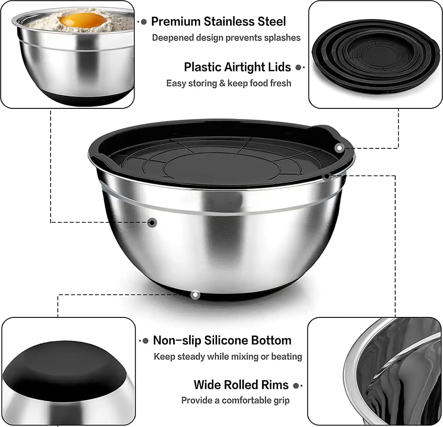 طقم علب ثلاجة استانلس 3 قطع، بغطاء بلاستيك اسود، لون فضي، موديل 529-2