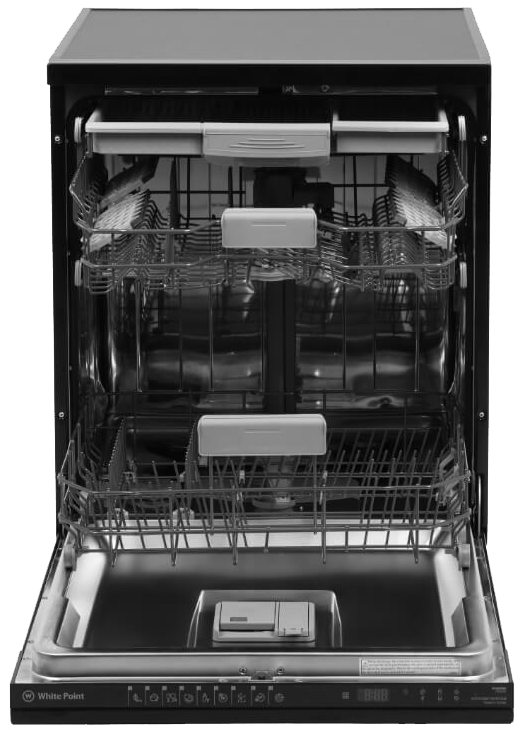 غسالة أطباق وايت بوينت ، 60 سم ، 15 فرد ، 9 برامج ، شاشة ديجيتال ، موتور انفرتر ، خاصية النصف حمل و برنامج تعقيم وغسيل بالبخار ، لون اسود زجاجي ، WPD159HTSFDVGB