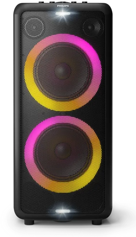 سماعة صب ووفر فيليبس بارتي، 60 وات، بلوتوث 5.0، منفذ usb، اضاءة ليد، 2 مكبر صوت عالي التردد 8 بوصة، بطارية ليثيوم ايون 4400 مللي أمبير، أسود، TAX 5206-98