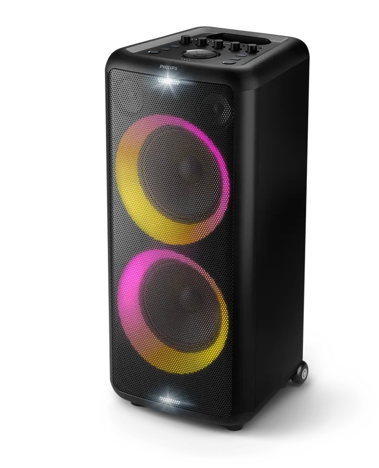 سماعة صب ووفر فيليبس بارتي، 60 وات، بلوتوث 5.0، منفذ usb، اضاءة ليد، 2 مكبر صوت عالي التردد 8 بوصة، بطارية ليثيوم ايون 4400 مللي أمبير، أسود، TAX 5206-98