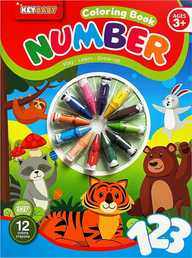 كتاب تلوين للأطفال من كي بيبي ،12 لون شمع، تلوين وتعليم الأرقام للأطفال، 240044