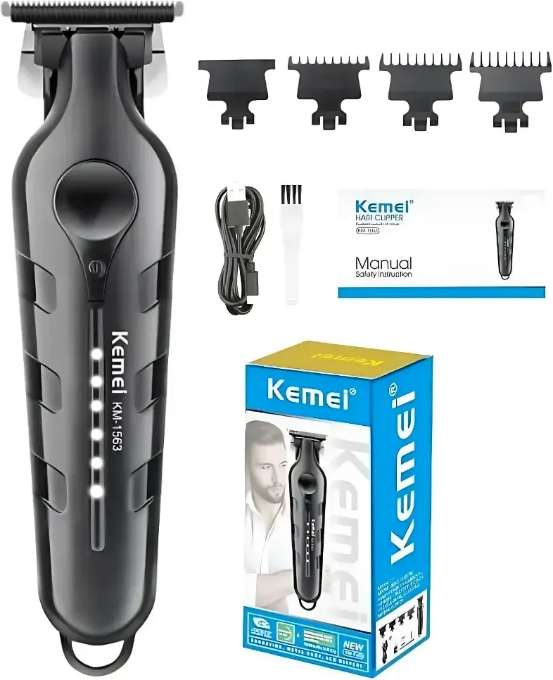 ماكينة حلاقة شعر وذقن كيمي، قابلة لاعادة الشحن، 3 أمشاط، لون أسود، موديل KM-1563