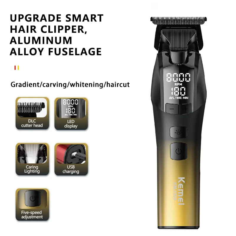 ماكينة حلاقة شعر لاسلكية كيمي، 5 في1، شاشة lcd، اضاءة ليد، وقت تشغيل 200 دقيقة، أسود*ذهبي، KM-1859