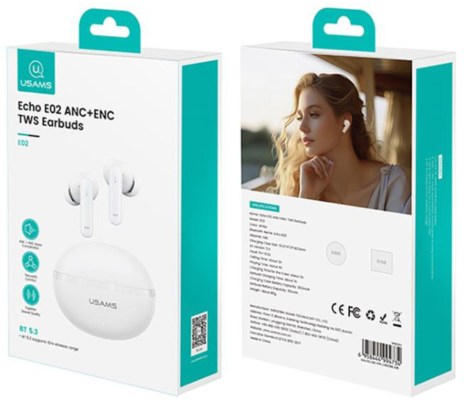 سماعة أذن لاسلكية USAMS ECHO E02 ، بلوتوث V5.3 ، خاصية الغاء الضوضاء النشط ، تقنية ENC ، أبيض ، BHAJE0202
