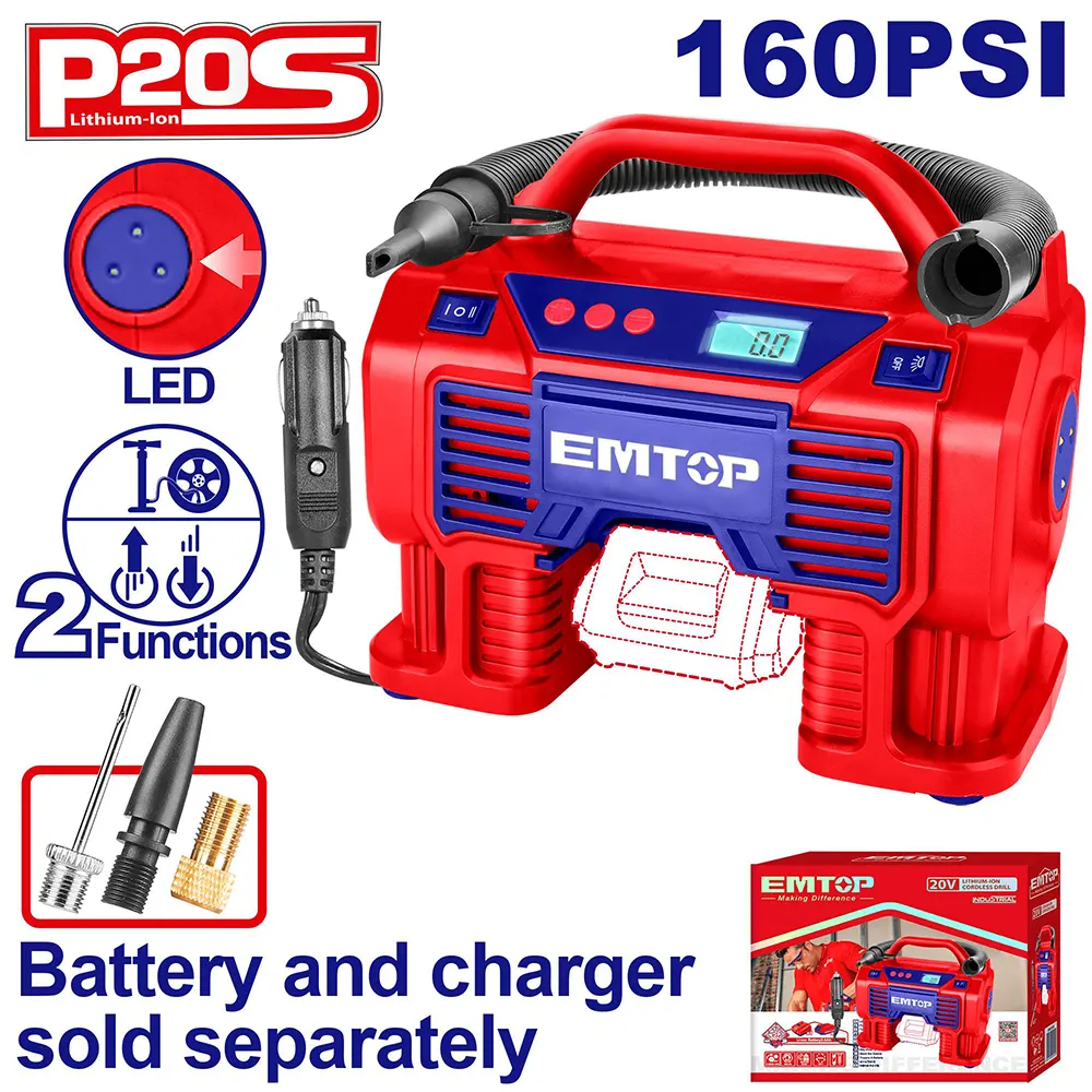 Emtop Cordless Air Compressor, 20V, LED Light, Digital Display, Auto Stop, Red, ELAC2002