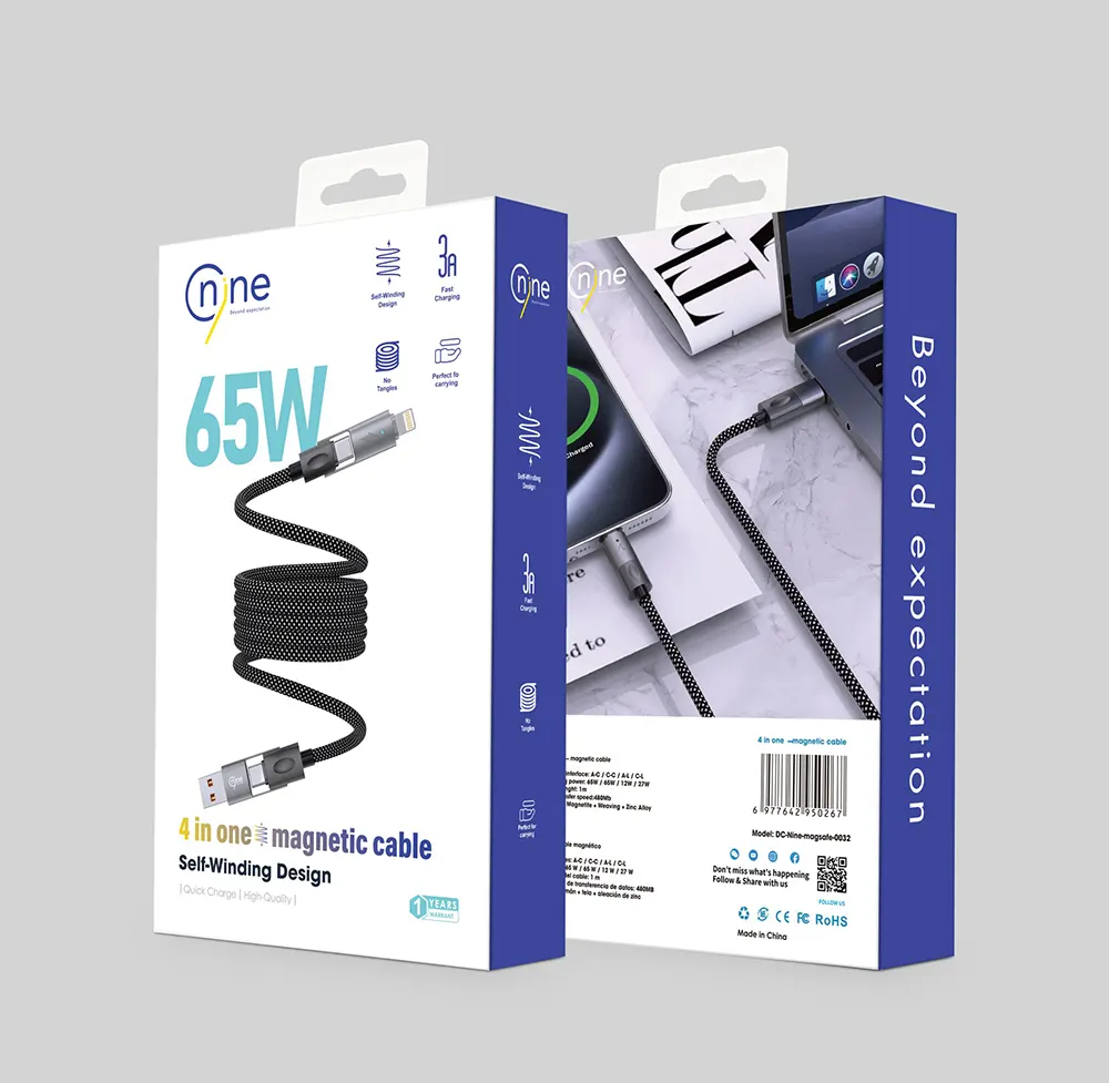 كابل شحن سريع مغناطيسي من ناين، 65 وات، 4 في 1، من usb الى lighning، أسود