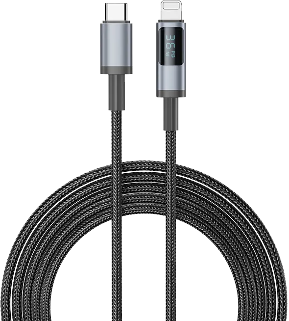 كابل شحن سريع ناين سباركل ديجيتال، 3 أمبير، 30 وات، 1.2 متر، شاشة ديجيتال، من type-c الى Lightning، أسود