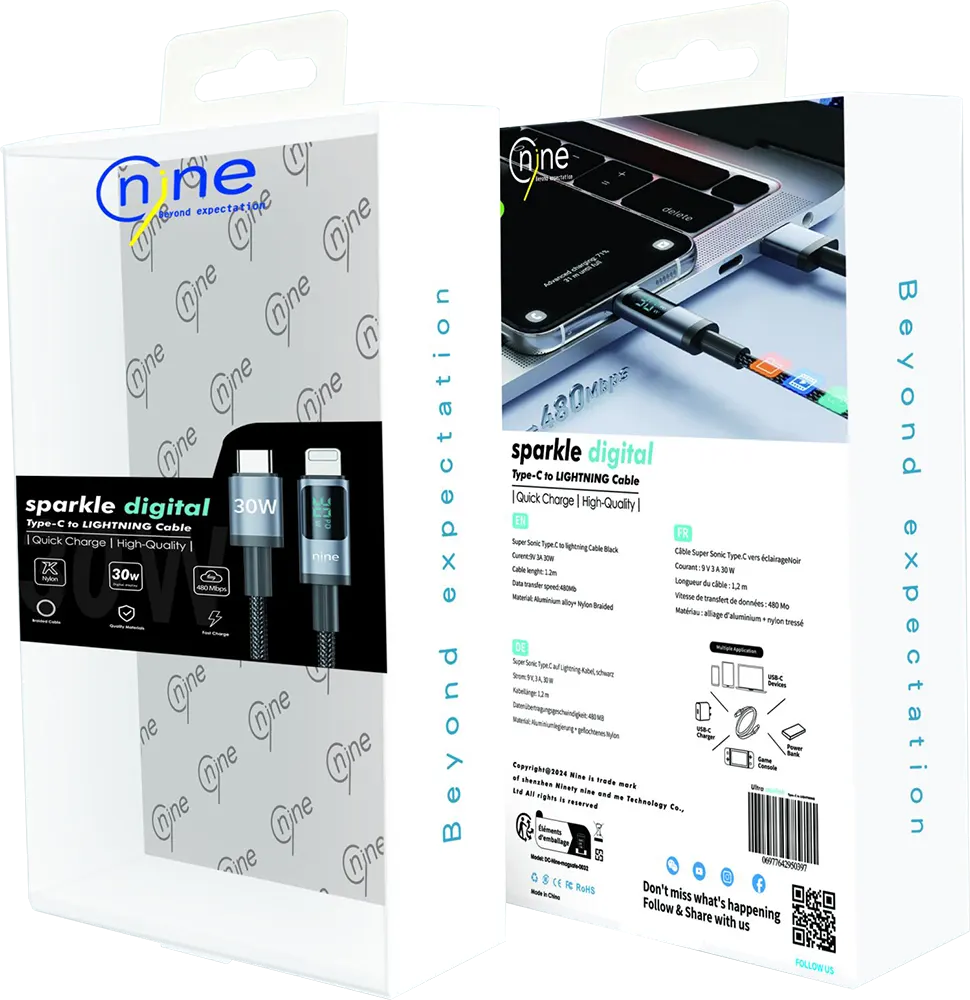 كابل شحن سريع ناين سباركل ديجيتال، 3 أمبير، 30 وات، 1.2 متر، شاشة ديجيتال، من type-c الى Lightning، أسود