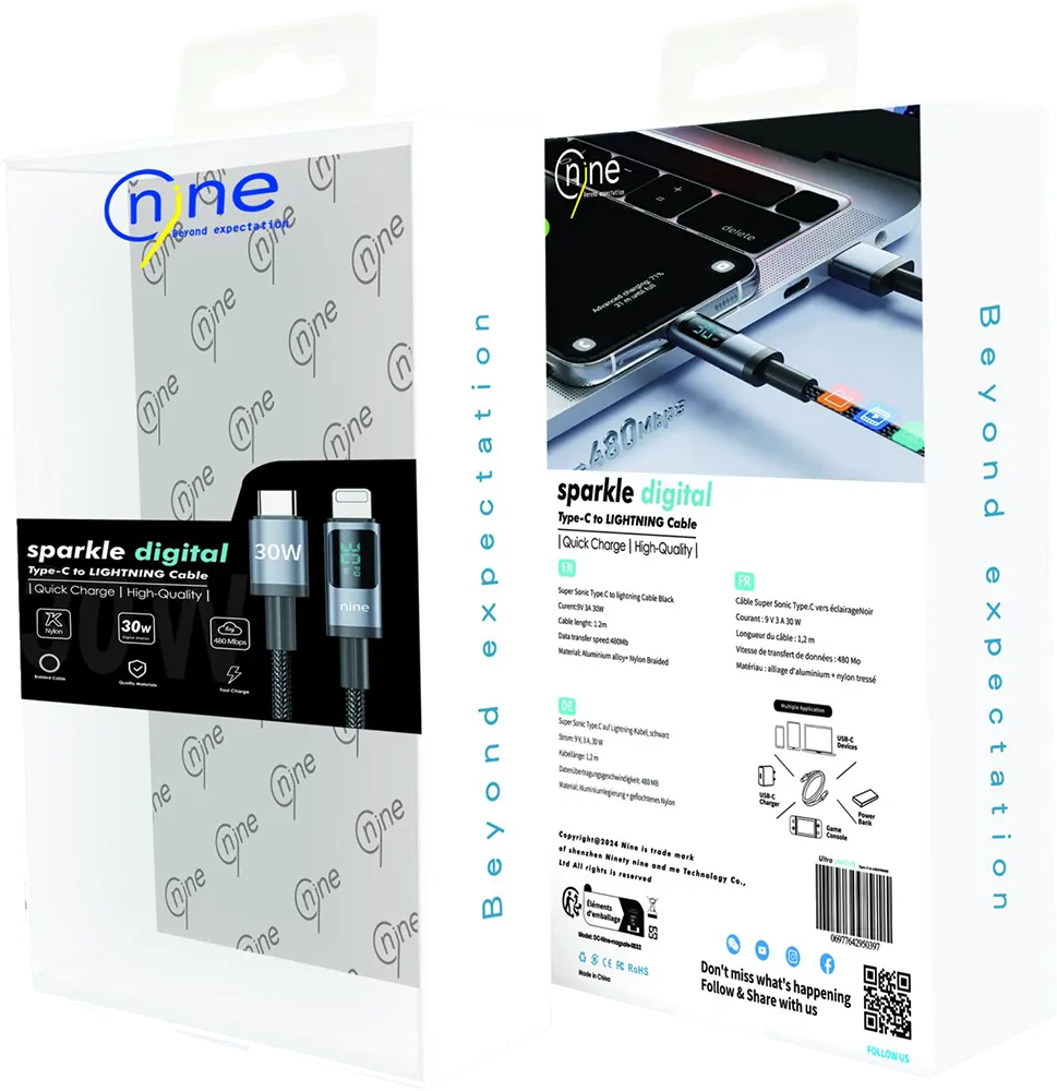 كابل شحن سريع ناين سباركل ديجيتال، 5 أمبير، 100 وات، 1.2 متر، شاشة ديجيتال، من type-c الى type-c، أسود
