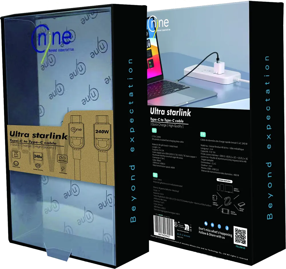 كابل شحن سريع ناين الترا ستارلينك، 240 وات، 1 متر، من type-c الى type-c، أسود