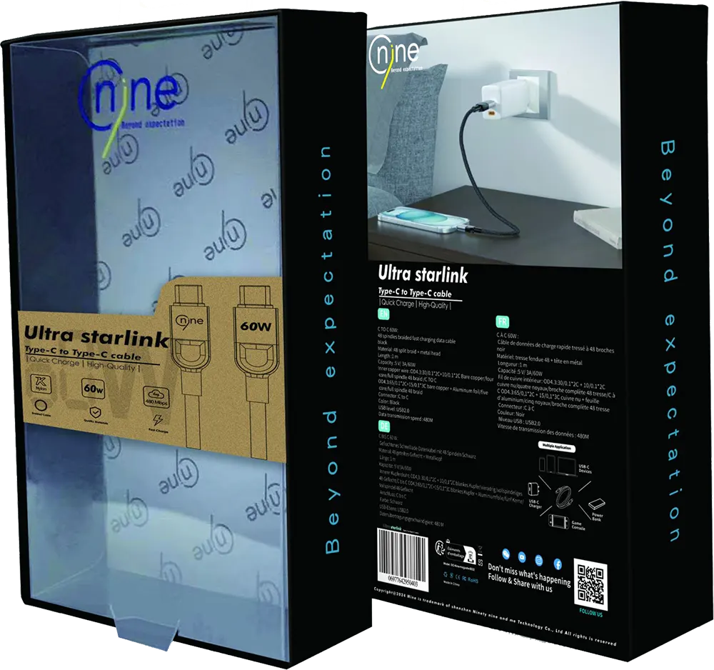 كابل شحن سريع ناين الترا ستارلينك، 60 وات، 1 متر، من type-c الى type-c، أسود