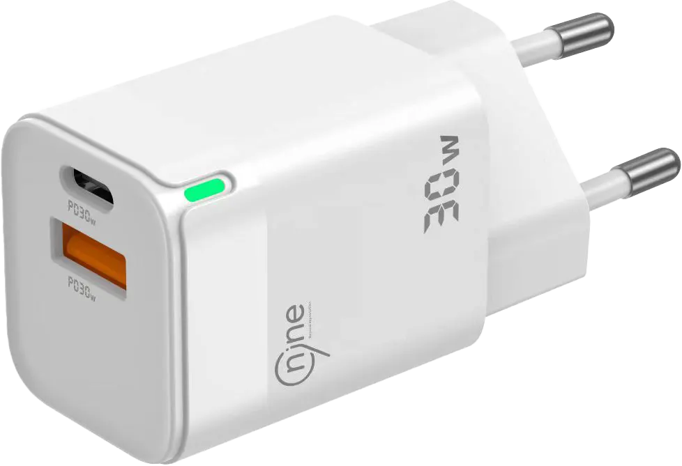 شاحن سريع ناين جان لايت باور، 30 واط، منفذين، منفذ usb-a، منفذ usb-c، أبيض، C44