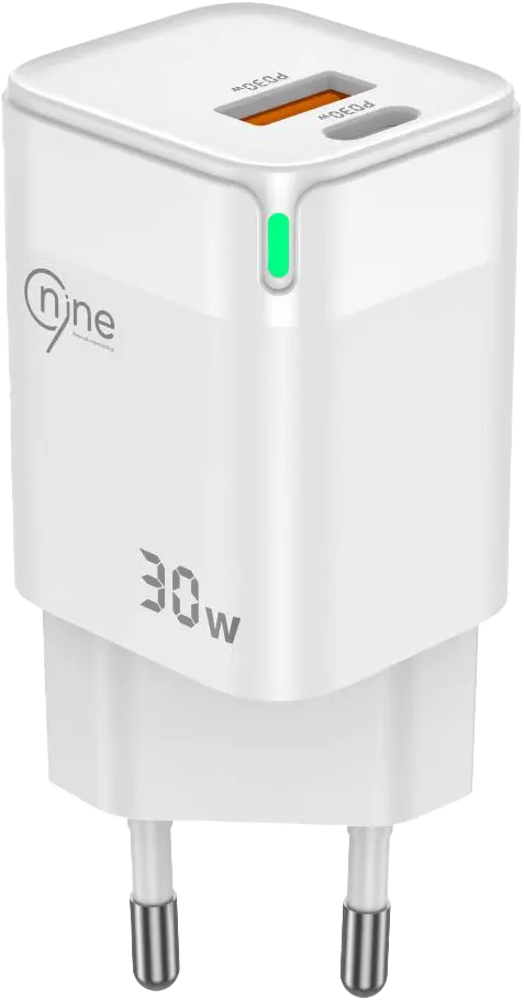 شاحن سريع ناين جان لايت باور، 30 واط، منفذين، منفذ usb-a، منفذ usb-c، أبيض، C44