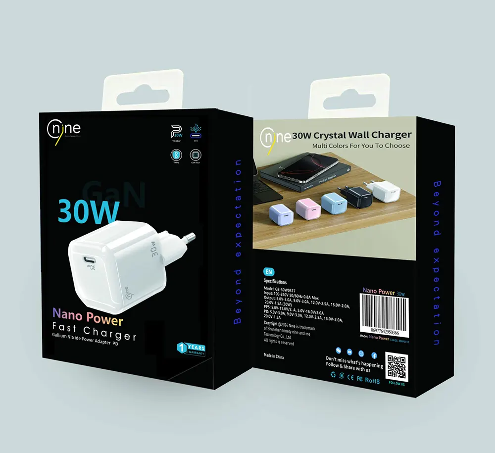 شاحن سريع ناين جان نانو باور، 30 واط، منفذ usb-c، أبيض، GS-30W0317