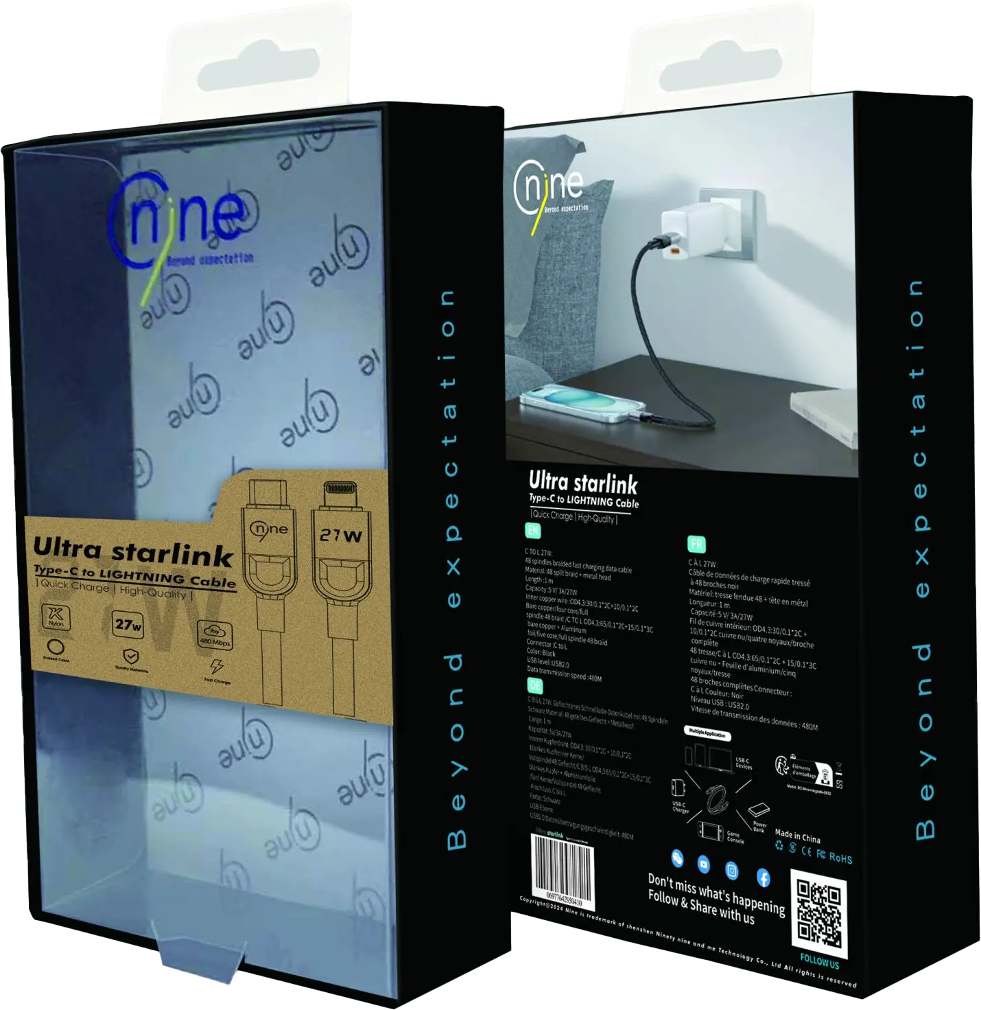 كابل شحن سريع ناين الترا ستارلينك، 27 وات، 1 متر، من type-c الى lightning، أسود