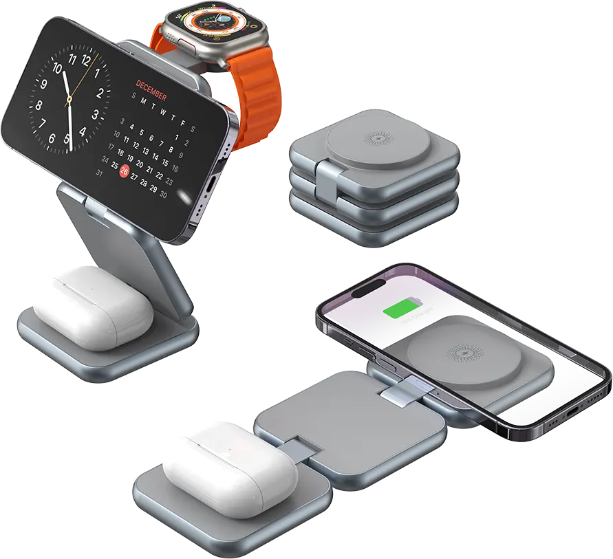 شاحن لاسلكي ناين، 15 وات، 3 في 1، قابل للطي، رمادي، S21