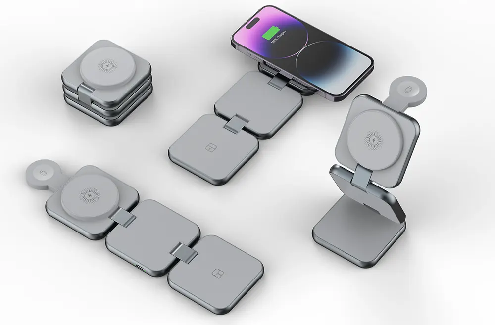 شاحن لاسلكي ناين، 15 وات، 3 في 1، قابل للطي، رمادي، S21