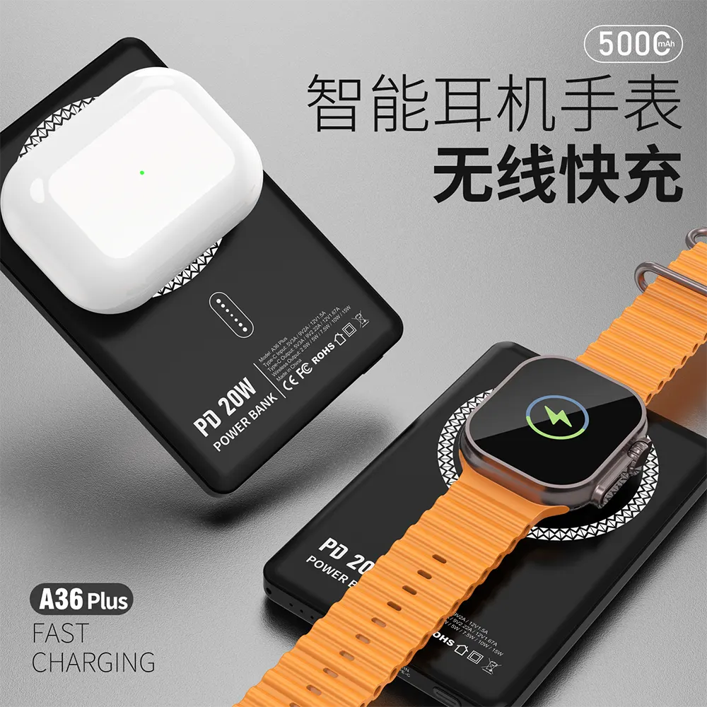 باور بانك مغناطيسي ناين، 5000 مللي أمبير، منفذ type-c، شحن سريع 20 وات، شحن لاسلكي 15 وات، أسود، A36 PLUS