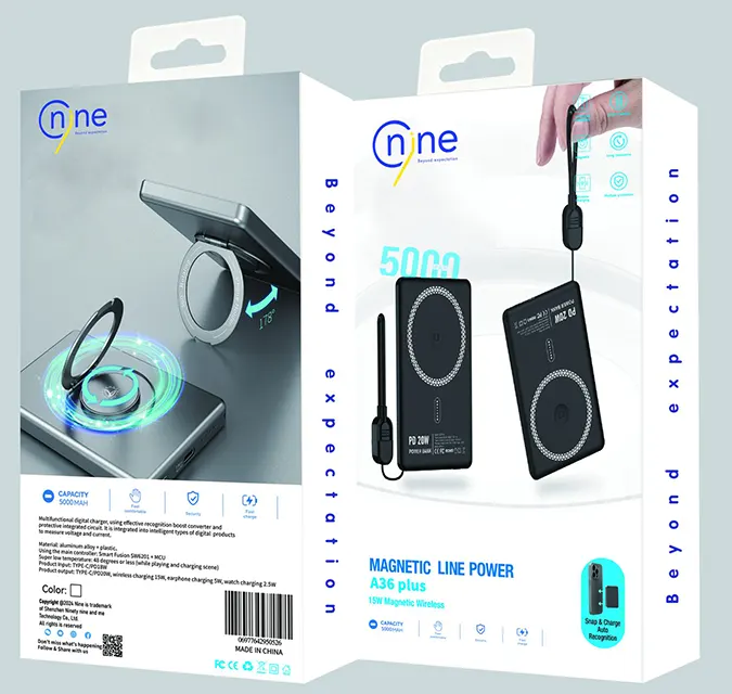 باور بانك مغناطيسي ناين، 5000 مللي أمبير، منفذ type-c، شحن سريع 20 وات، شحن لاسلكي 15 وات، أسود، A36 PLUS