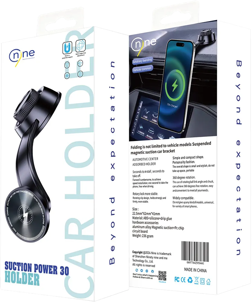 حامل هاتف للسيارة ناين ساكشن باور هولدر 30، مغناطيسي، دوران 360 درجة، ألومنيوم
