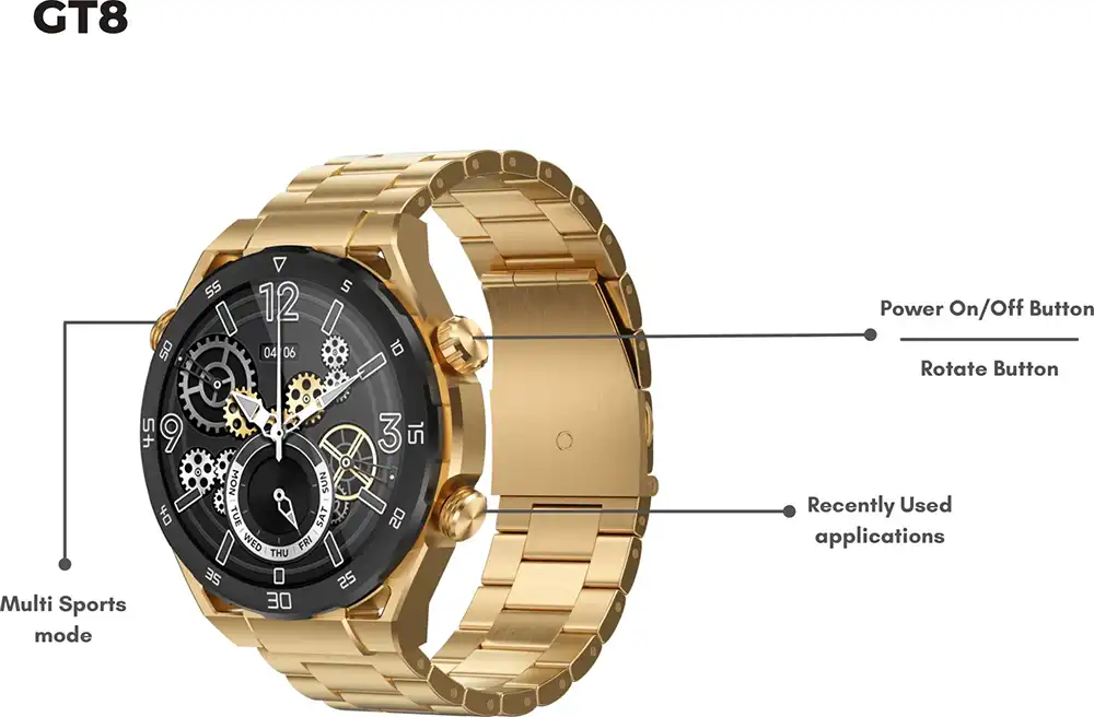 ساعة سمارت جي تاب، شاشة اموليد 1.43 بوصة تعمل باللمس، مقاومه للماء، بطارية 300 مللي أمبير، ذهبي، GT8