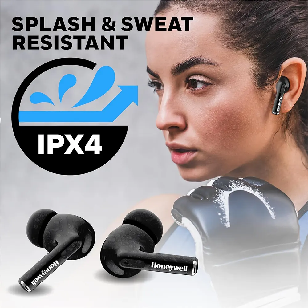 سماعة أذن لاسلكية هانيويل، بلوتوث 5.3، مقاومة للماء ipx4، وقت تشغيل 26 ساعة، شحن سريع، اسود، V1200
