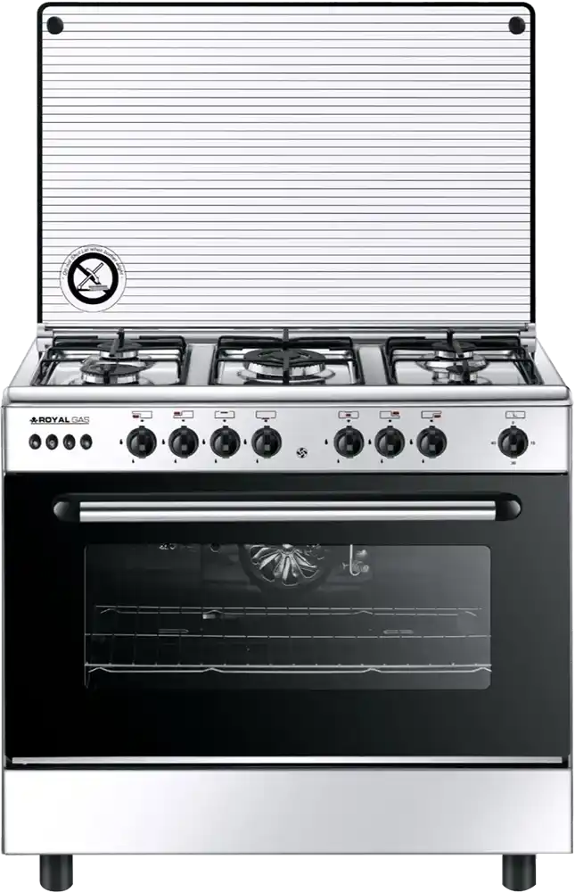 بوتاجاز رويال بيست 60*90 سم، 5 شعلة، اشعال ذاتى، مروحة، ستانلس، فضي