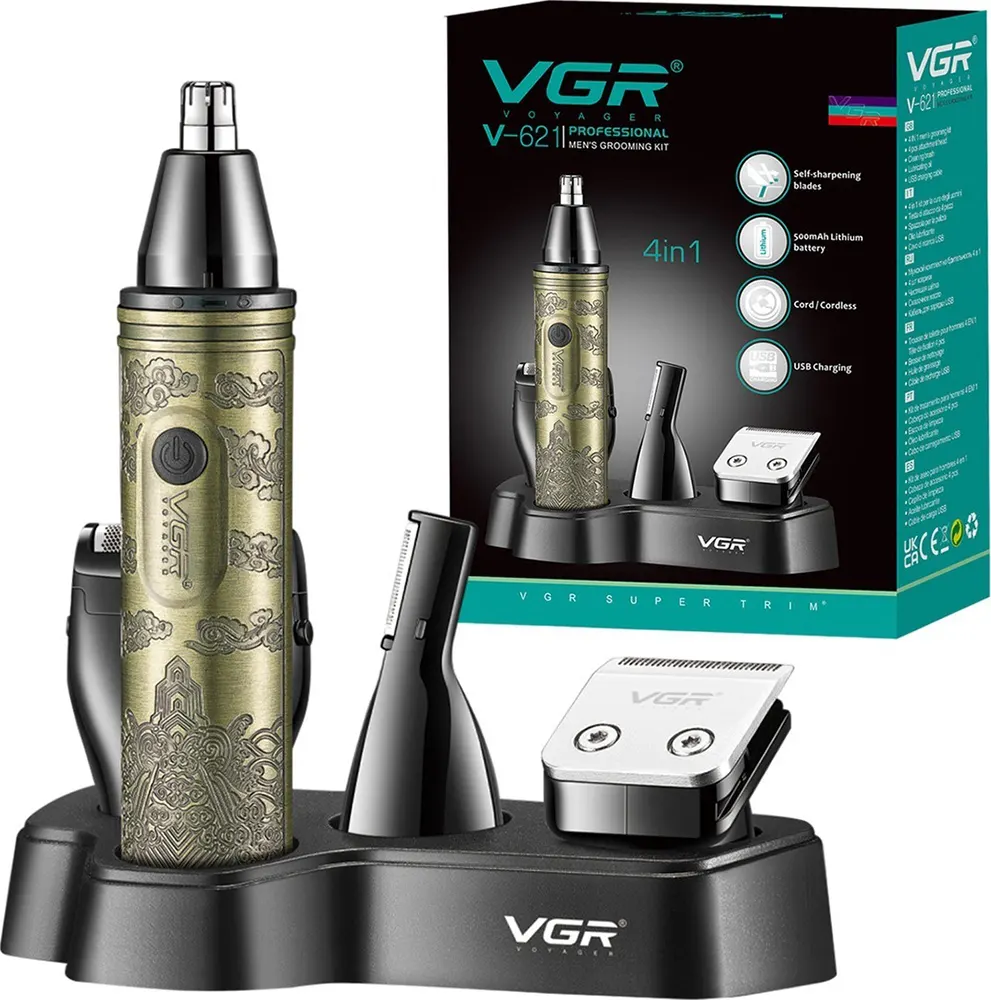 ماكينة حلاقة كهربائية في جي أر للرجال ، 4*1 ، بطارية ليثيوم قابلة لإعادة الشحن ، معدن ، ذهبي ، V-621