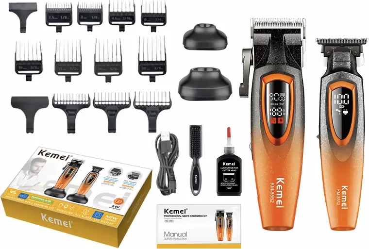 ماكينة حلاقة شعر كيمي قابلة للشحن، مع ماكينة حلاقة للذقن، شاشة رقمية، لون برتقالي*اسود، موديل KM-8552