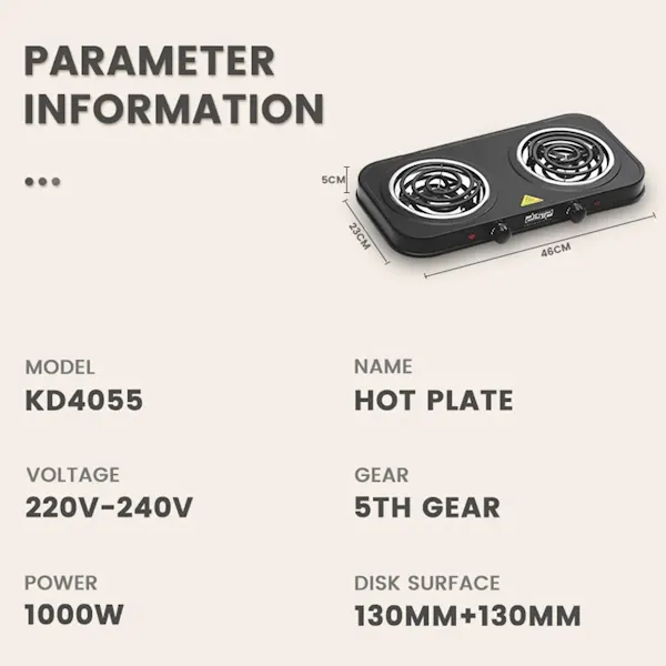 بوتجاز مسطح كهربائي دي اس بي، 2 عين، 1000 وات + 1000 وات، أسود، KD 4055