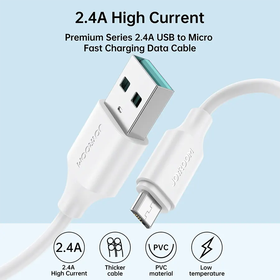 كابل شحن ونقل بيانات سريع جوي روم ، 2.4 امبير، 0.25 متر، من USB-A الى MICRO، لون ابيض، S-UM018A9
