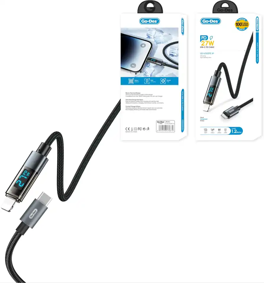 كابل شحن سريع من جو ديس ، من تايب سي الى لايتنينج ، 27 وات ، 1.2 متر ، اسود ، GD-UC620TC-IP