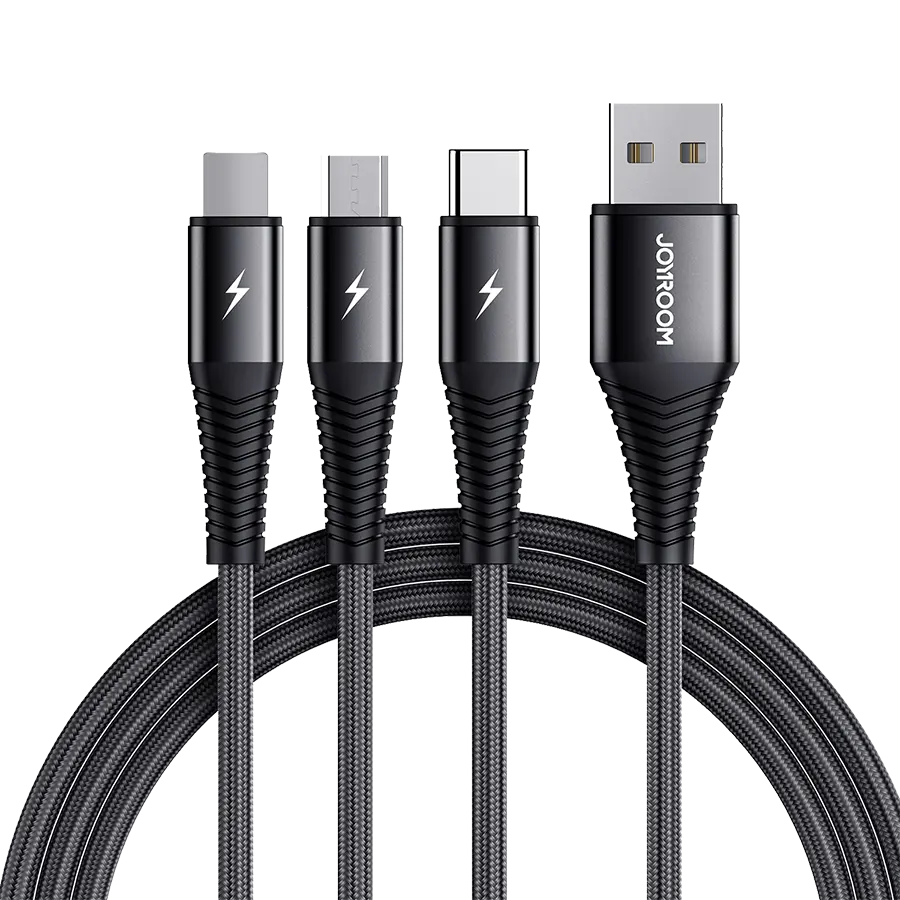 كابل شحن سريع 1x3 جوي روم ، من يو اس بي الي (لايتنينج + تايب سي + مايكرو) ، 3 أمبير ، بطول 1.2 متر ، أسود ، S-1230G4