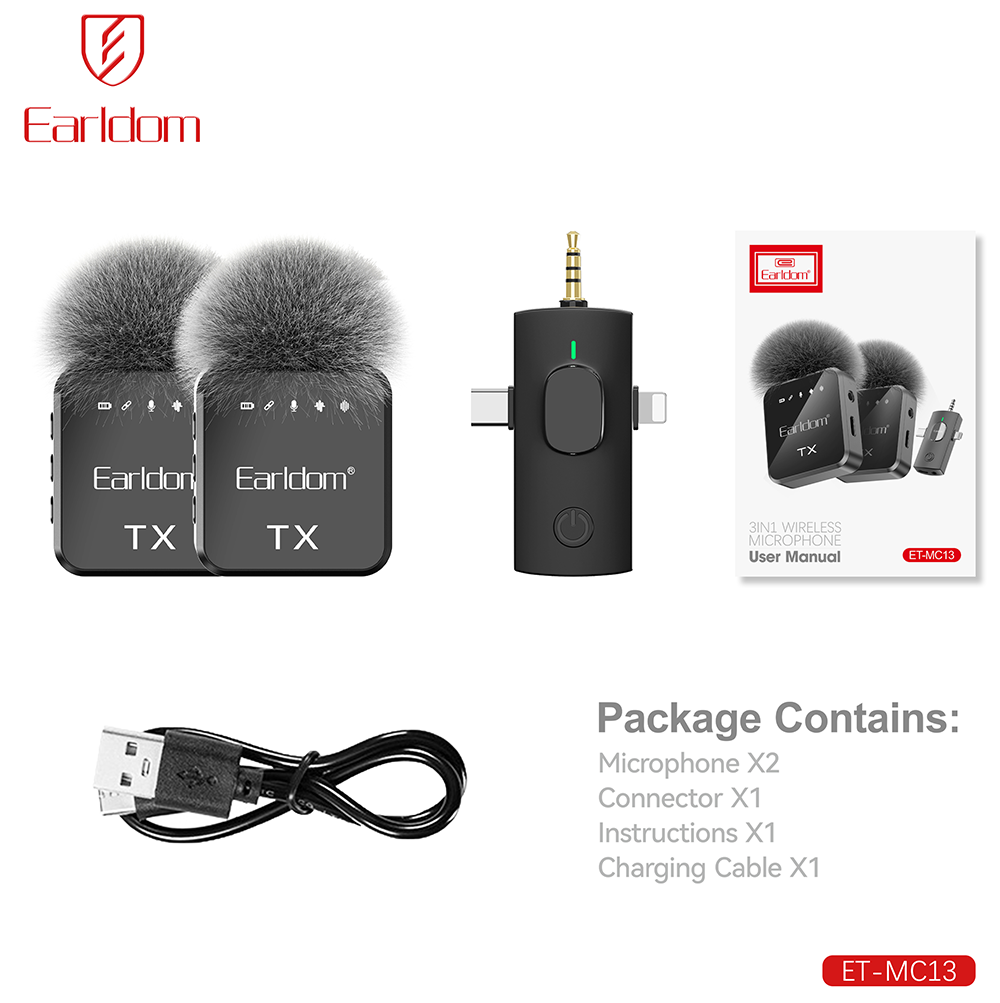 ميكروفون لاسلكي  إيرلدوم 3-1 ، وظيفة إلغاء الضوضاء ، مدخل تايب سي ، أسود ، ET-MC13