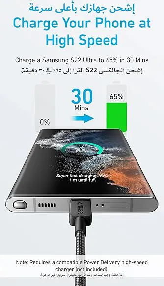 كابل انكر ، 60  وات ، Type-C الي Type-C ، شحن سريع ، 1.8 متر ، اسود ،A81