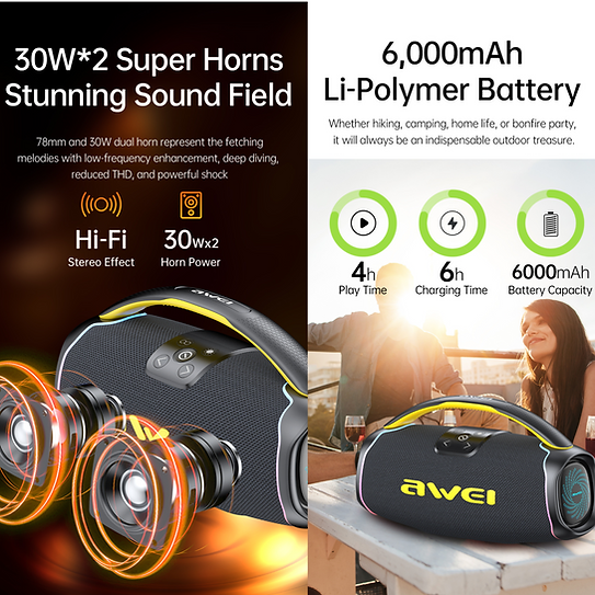 مكبر صوت اواي لاسلكي ، بلوتوث 5.3 ، بطارية 6000 ملي أمبير ، إضائة RGB ، مقاومة للماء ، أسود ، KA16