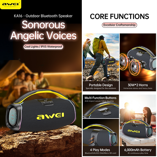 مكبر صوت اواي لاسلكي ، بلوتوث 5.3 ، بطارية 6000 ملي أمبير ، إضائة RGB ، مقاومة للماء ، أسود ، KA16
