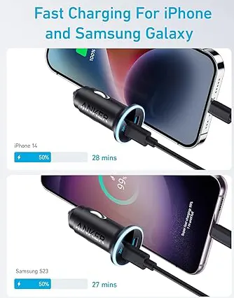 شاحن سيارة سريع أنكر 232 ، منفذين شحن ، Type-C و Type-A ، بقدرة 52.5 وات ، اسود ، A2735