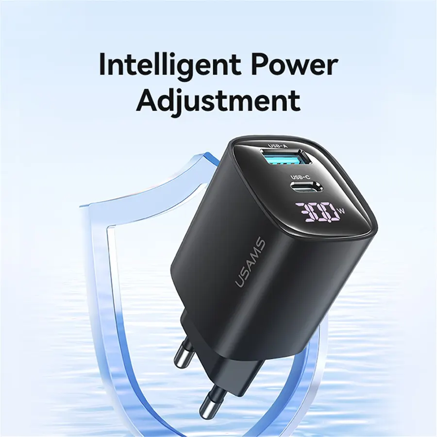 شاحن حائط من يوسامز سلسلة xc، شحن سريع 30 وات، شاشة ديجيتال، 2 منفذ شحن، أسود، CC229-TC02