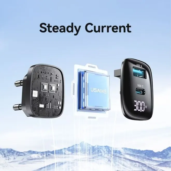 شاحن حائط من يوسامز سلسلة xc، شحن سريع 30 وات، شاشة ديجيتال، 2 منفذ شحن، أسود، CC229-TC02