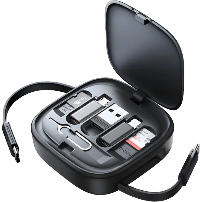 كابل شحن ونقل بيانات من يوسامز U87، شحن سريع 60 وات، 6 في 1، كابل قابل للتمدد 90 سم، علبة تخزين، أسود، US-SJ650