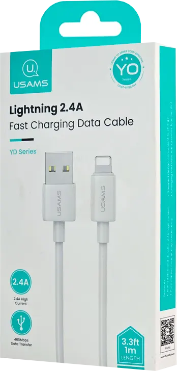 كابل شحن ونقل بيانات من يوسامز سلسلة YD، قوة شحن 2.4 أمبير، 1 متر، من usb الى lightning، أبيض، SJ709